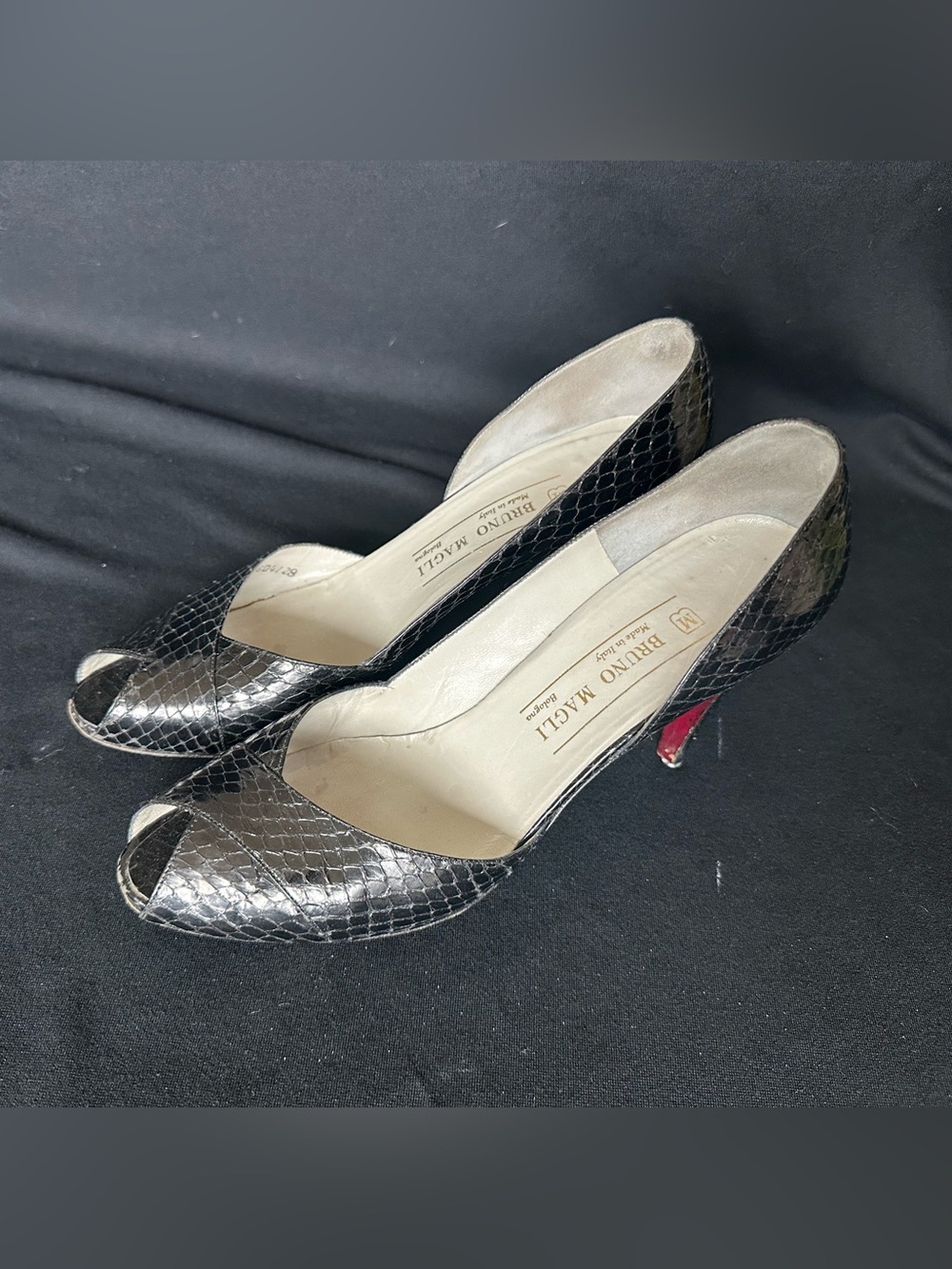 Bruno Magli Black Snakeskin Peep-Toe Heels with Red Heel Detail made in Italy 9
